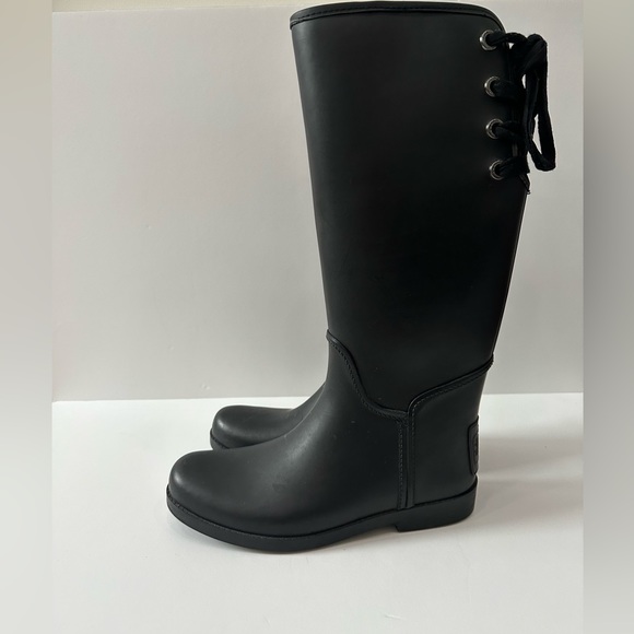 Coach Tristee Tall Rain Boots Women's Size Matte Black Rubber Lace Up Slip On - Picture 2 of 9